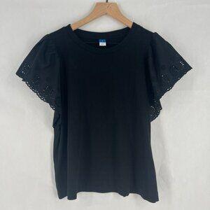 Old Navy Blouse Womens Medium Black Cotton Everyday Wear Eyelet Flutter Sleeve‎
